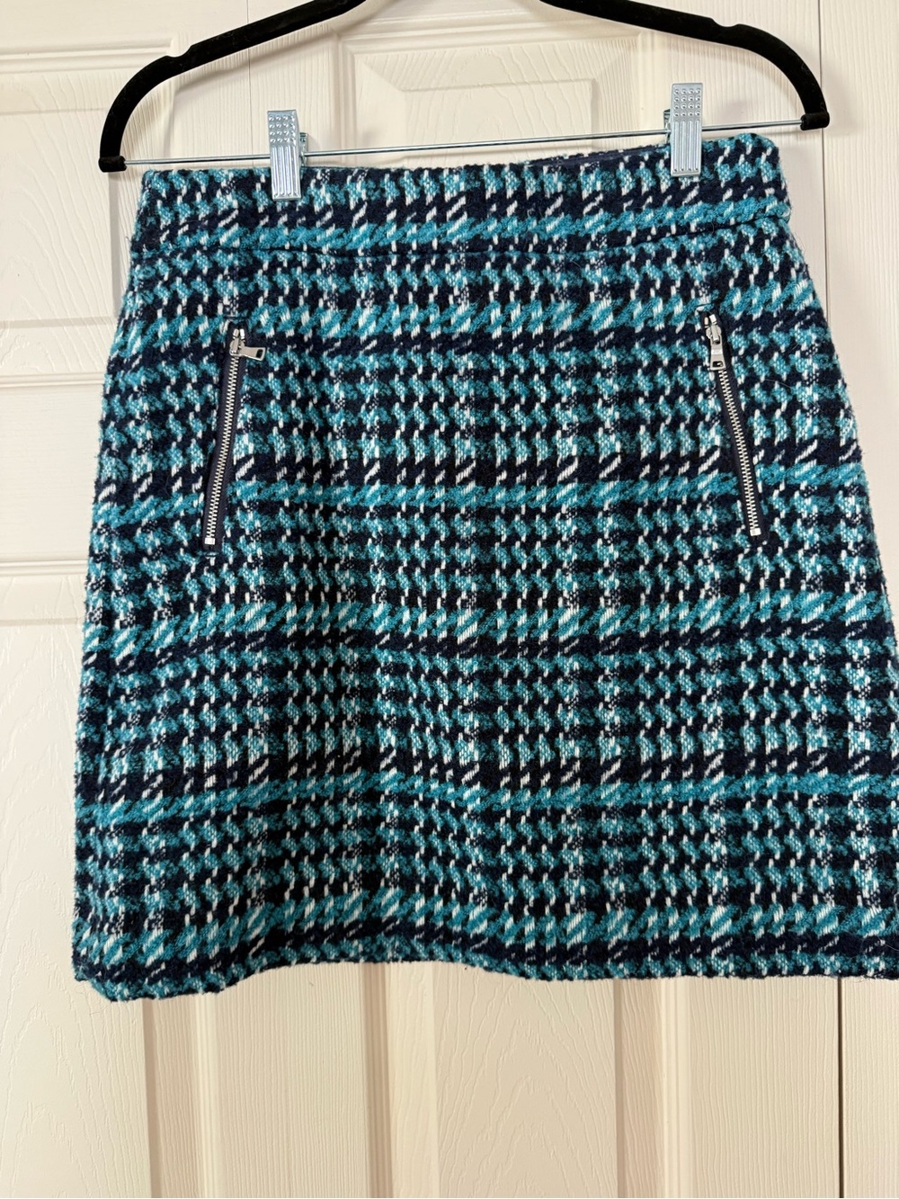 LOFT Teal and Navy Houndstooth Mini Skirt with Zip Pockets